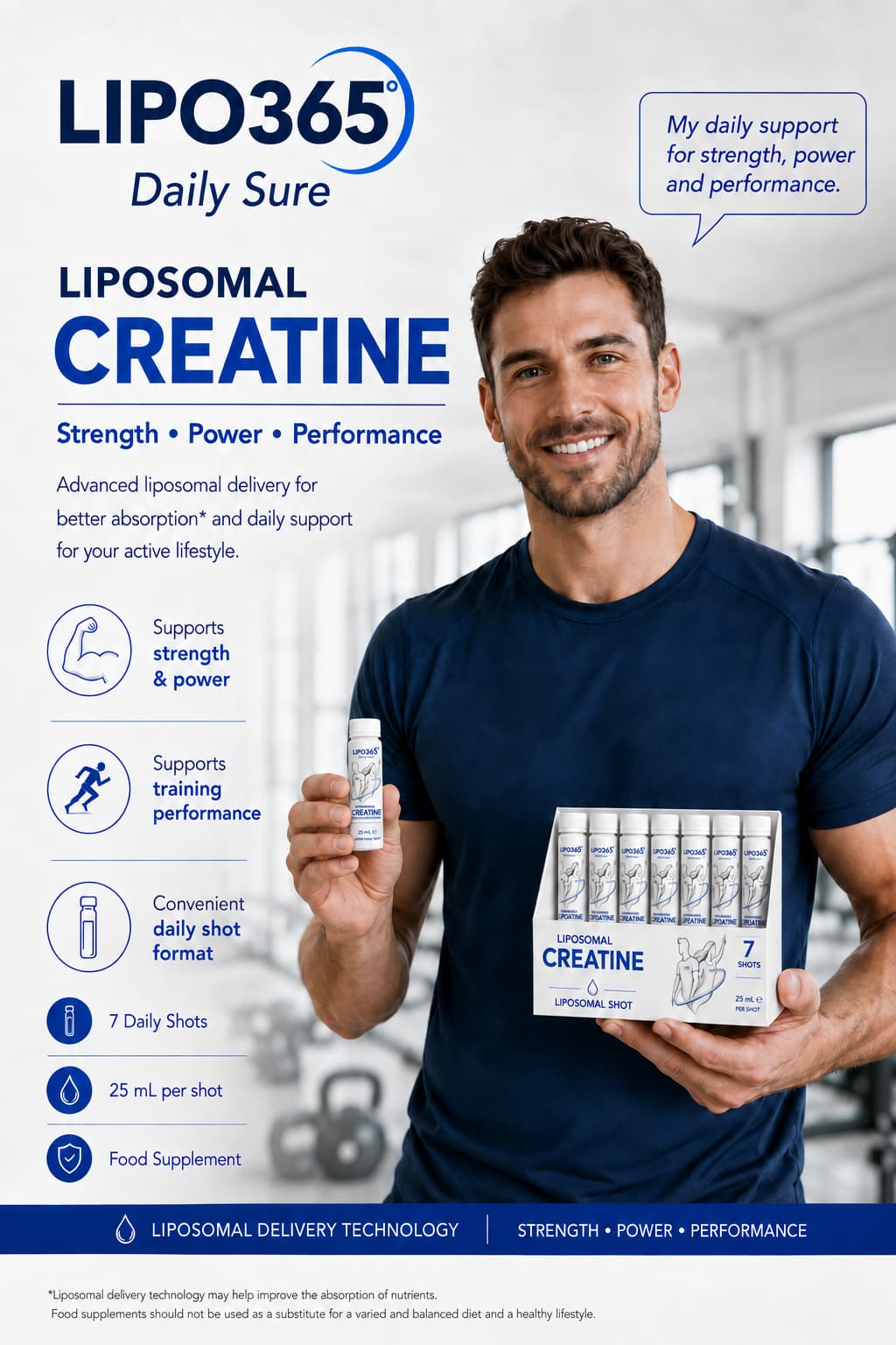 Daily Sure Creatine single shot and seven-shot carton held in the hands