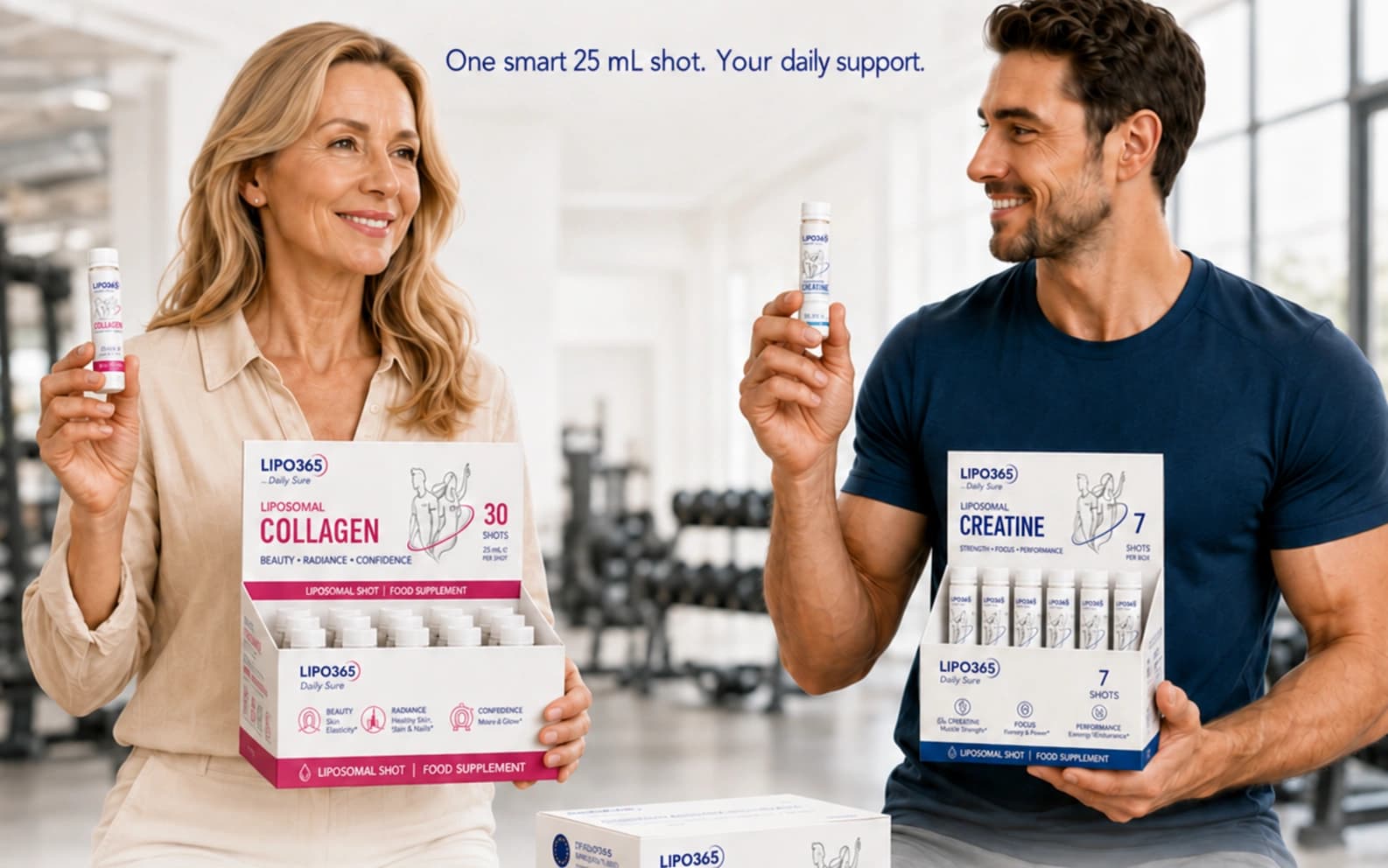 A woman holding Daily Sure Collagen shots and a man holding Daily Sure Creatine shots